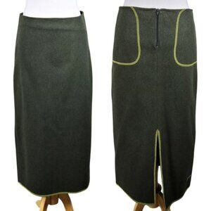 Betsy Italian Wool Olive Green Pencil Skirt With Contrast Stitching Size Large